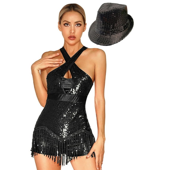 YONGHS Womens Jazz Latin Dance Costume Shiny Tassel Dance Leotard Bodysuit with Sequined Hat Black XXL