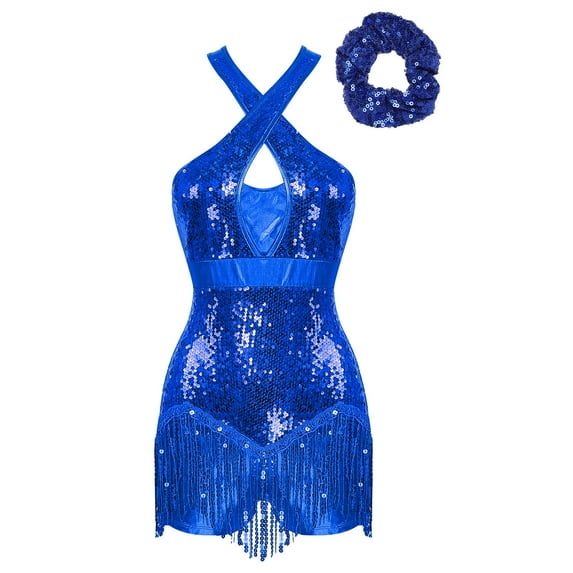 YONGHS Womens Jazz Latin Dance Costume Shiny Tassel Dance Leotard Bodysuit with Sequined Hat Royal Blue-A M