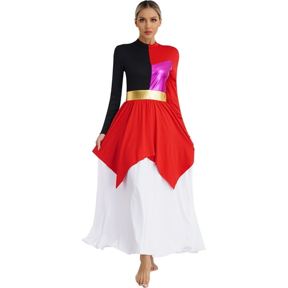 YONGHS Womens Liturgical Dancewear Metallic Contrast Color Lyrical Praise Dance Dresses Red L