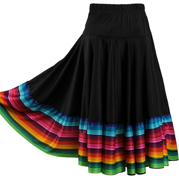 YONGHS Womens Long Full Circle Folklorico Dance Skirts Spanish Bull Mexican Flamenco Performance Costume Black 55cm 5XL