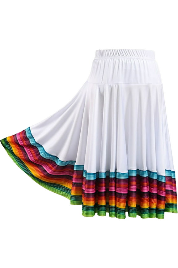 Womens Long Full Circle Folklorico Dance Skirts Spanish Bull Mexican Flamenco Performance Costume White 55cm 3XL