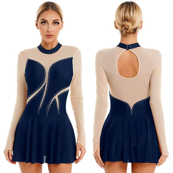 YONGHS Womens Long Sleeve Mesh Spice Figure Ice Skating Dress Shiny Mock Neck Ballet Dance Dress Navy Blue L