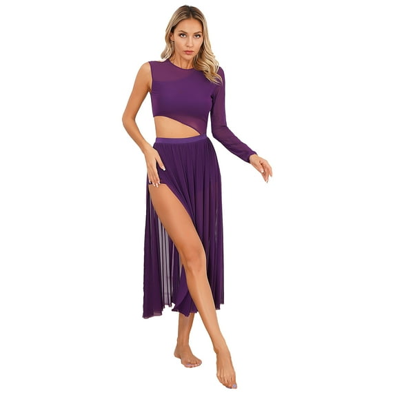 YONGHS Womens Lyrical Dance Costume Side Split Sheer Mesh Leotard Dress Modern Dancewear Purple S