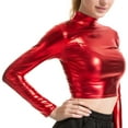 thumbnail image 1 of YONGHS Womens Metallic Long Sleeve/Sleeveless Crop Tops Holographic Shiny Turtleneck Tops Blouses Red L, 1 of 4