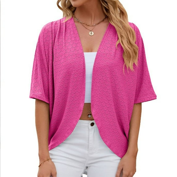 YONGHS Womens Open Front Cropped Cardigans Dropped Shrugs Top Bolero Coverup Cape for Evening Dress Hot Pink L