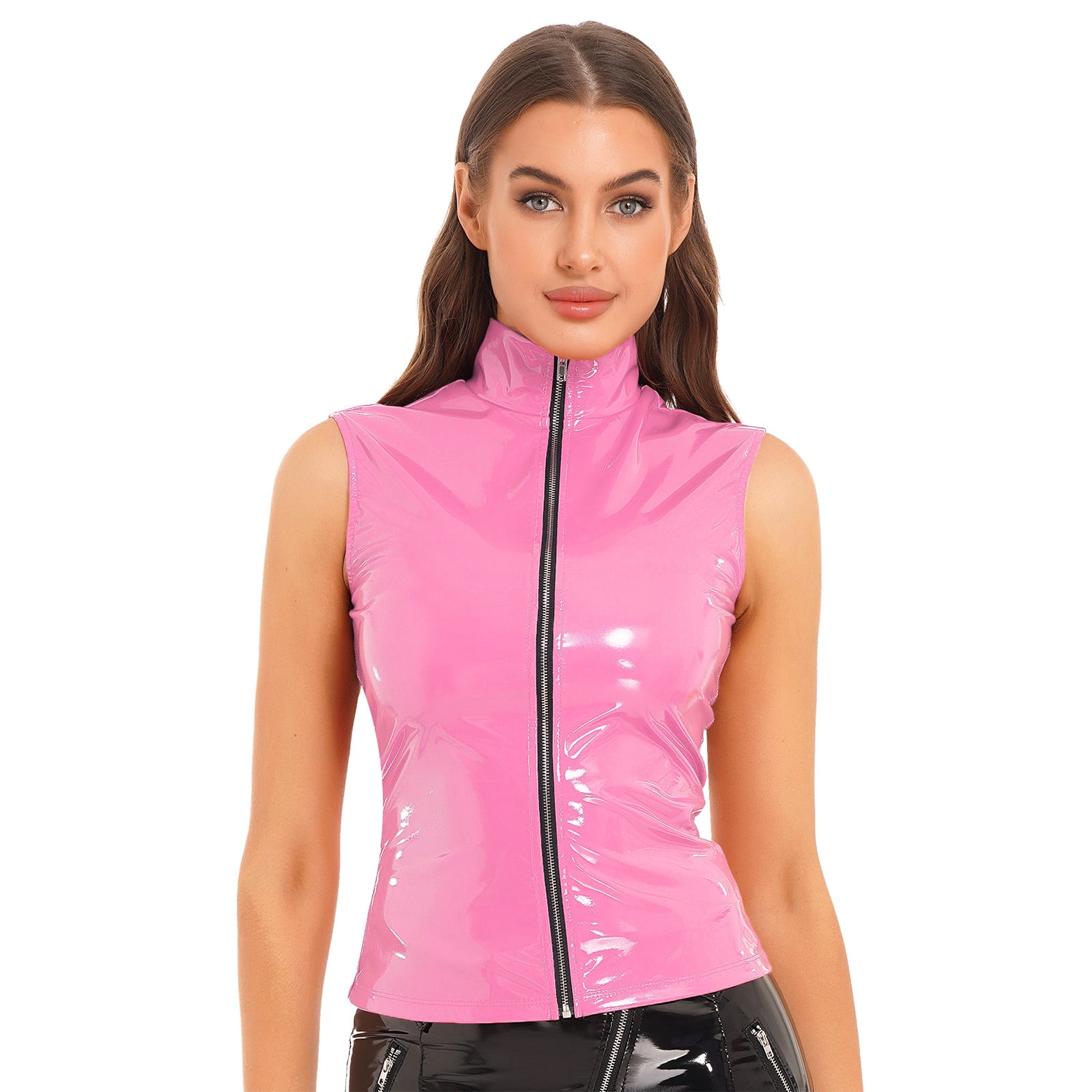 YONGHS Womens Patent Leather Tank Top Sleeveless Zipper Vest