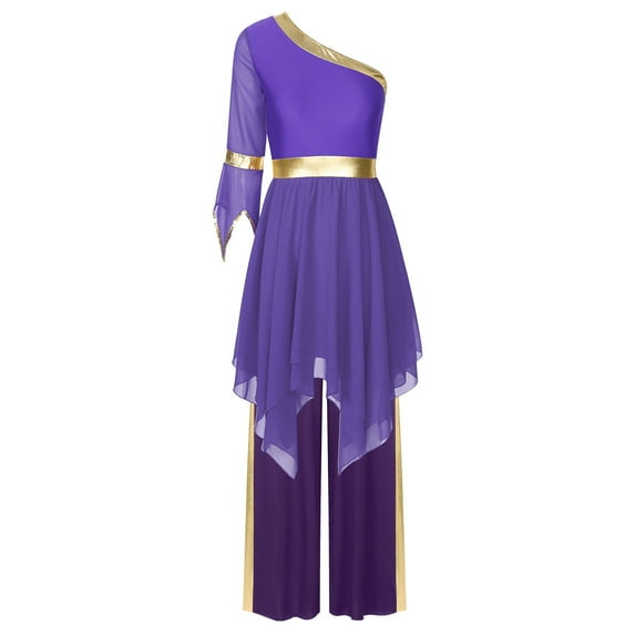 YONGHS Womens Praise Dance Outfits for Worship Liturgical One Shoulder Dance Dress with Wide-Leg Pants Purple L