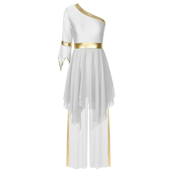 YONGHS Womens Praise Dance Outfits for Worship Liturgical One Shoulder Dance Dress with Wide-Leg Pants White XL