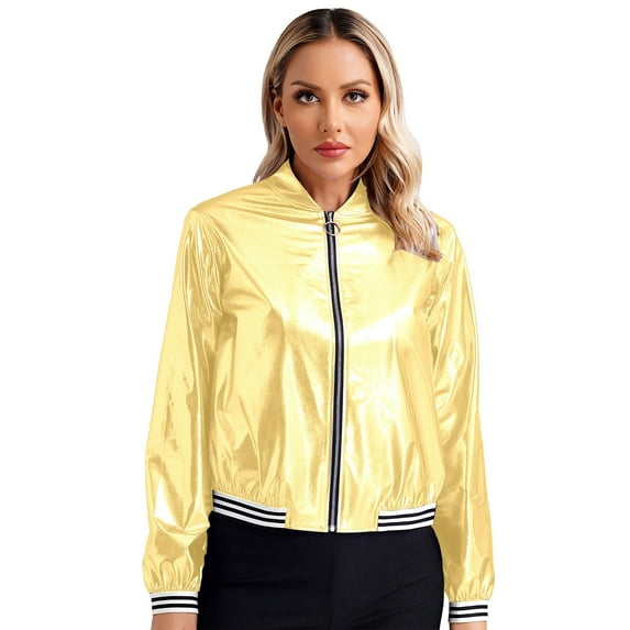 YONGHS Womens Pvc Leather Metallic Zip Up Sweatshirts Jackets Long Sleeve Casual Loose Outwear Gold XL