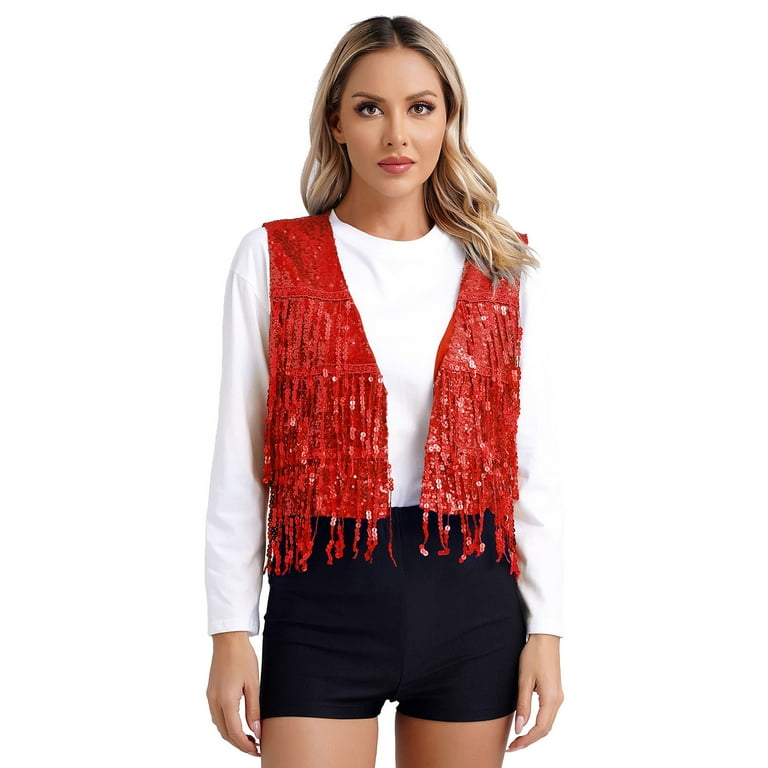 YONGHS Womens Sequin Fringe Vest Sparkle Open Front