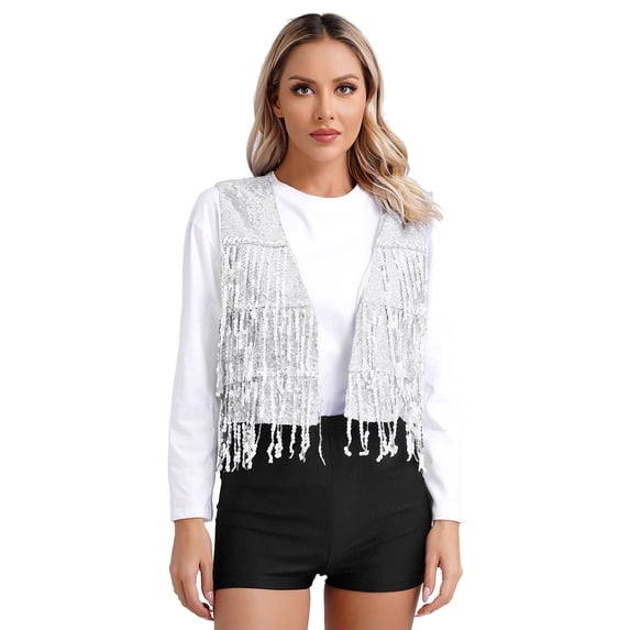 YONGHS Womens Sequin Fringe Vest Sparkle Open Front Waistcoat Party Prom Glitter Tassel Vest Silver S