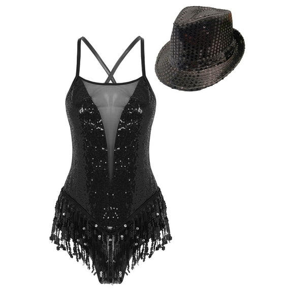 YONGHS Womens Sequins Tassel Ballet Gymnastic Leotard Latin Dance Jazz Fringe Bodysuit with Hat Black M