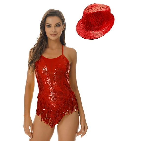 YONGHS Womens Sequins Tassel Ballet Gymnastic Leotard Latin Dance Jazz Fringe Bodysuit with Hat Red XL