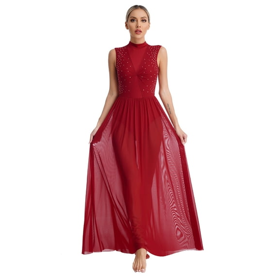 YONGHS Womens Shiny Rhinestone Lyrical Dance Costume Sleeveless Sheer Mesh Overlay Leotard Dress Burgundy M