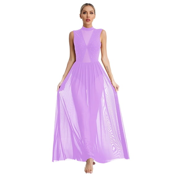 YONGHS Womens Shiny Rhinestone Lyrical Dance Costume Sleeveless Sheer Mesh Overlay Leotard Dress Light Purple XXL