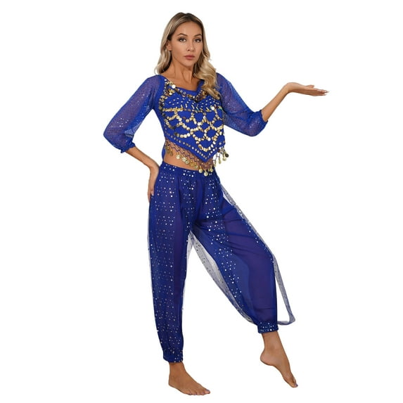 YONGHS Womens Shiny Sequins Long Sleeve Crop Top with Chiffon Bloomers Pants Belly Dance Costume Set Royal Blue One Size