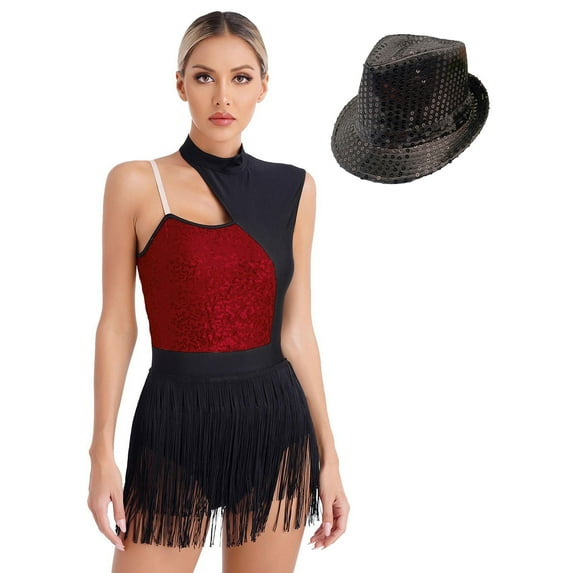 YONGHS Womens Sleeveless Latin Jazz Dance Leotard Tuxedo Bodysuit Dress With Hat Burgundy XL