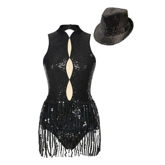 YONGHS Womens Sparkly Sequin Fringe Leotard Dress with Hat Jazz Latin Dance Performance Costume Black XXL