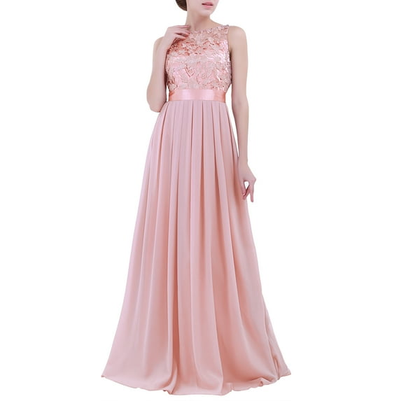YONGHS Womens Vintage Sleeveless Lace Chiffon Long Dress Wedding Bridesmaid Evening Party Dress Pearl Pink 10
