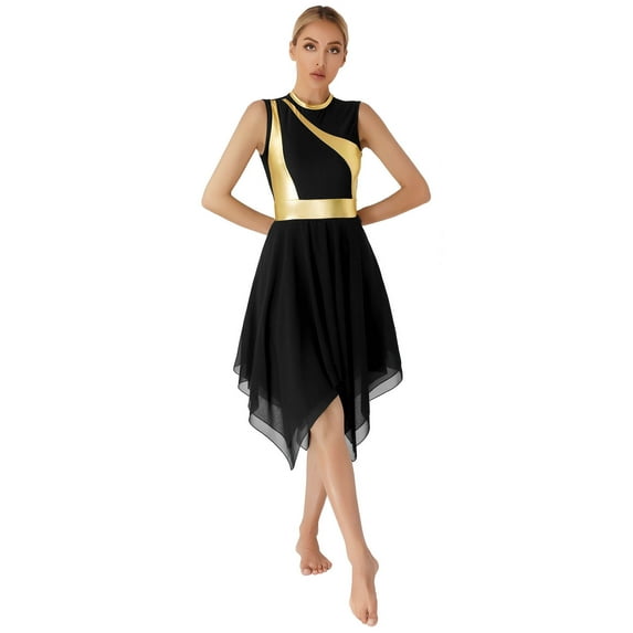 YONGHS Womens Worship Praise Dance Dress Color Block Sleeveless Lyrical Liturgical Dancewear Black L