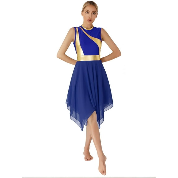 YONGHS Womens Worship Praise Dance Dress Color Block Sleeveless Lyrical Liturgical Dancewear Royal Blue L