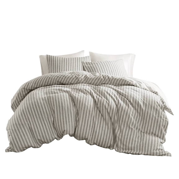 YONGKANG This 3 pcs queen duvet set tan stripe linen blend bedding set with 2 standard shams oeko tex certified machine washable all season bedroom decor
