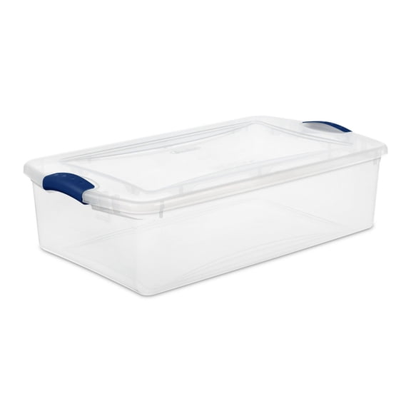 YONGKANG 32 Quart Latch Box Clear Plastic Storage Bin with Clear Lid Blue Stackable Organizer Container for Home Kitchen Closet Garage and Basement