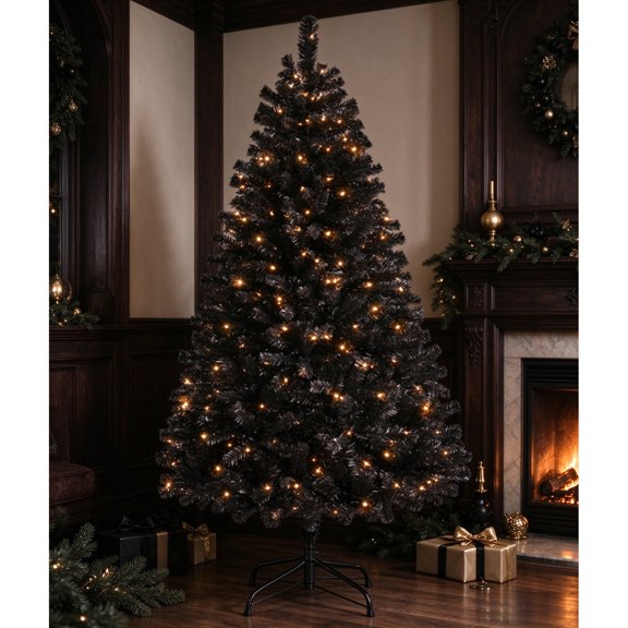 YONGKANG 4.5 FT Pre Lit Black Fir Christmas Tree with 150 Incandescent Warm Lights Metal Stand for Gothic Holiday Decor