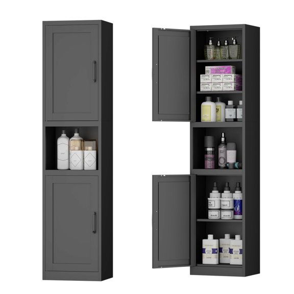 YONGKANG 67 Inch Tall Narrow Storage Cabinet Black Freestanding Bathroom Linen Tower with Reversible Magnetic Doors Adjustable Shelves Open Storage Anti Tip Kit for Bathroom Kitchen Office