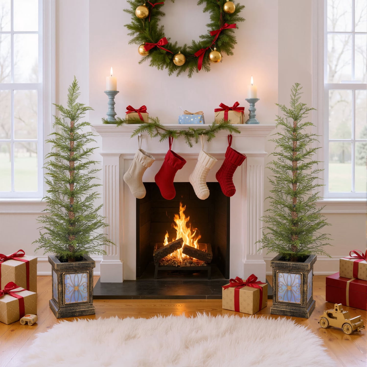 YONGKANG Set of 2 4ft Pre Lit Artificial Christmas Trees With Potted Stand Green