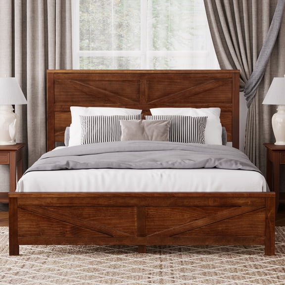 YONGKANG Walnut Farmhouse Size Bed Solid Pine Bed Frame with Barn Door Headboard & Footboard