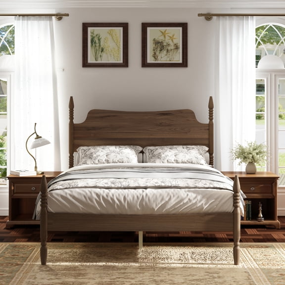 YONGKANG Walnut Platform Bed Frame, Retro Four Poster Spindle Bed with Curved Tall Headboard, No Box Spring Needed