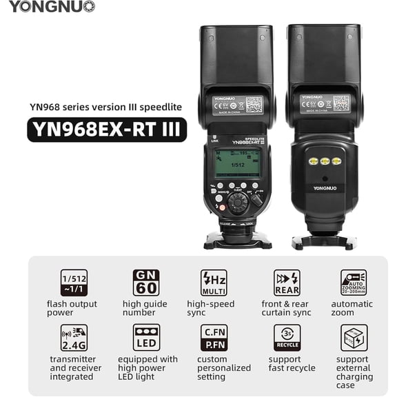 YONGNUO Upgraded YN968EX-RT III Flash Speedlite, for Canon Wireless Signal Cameras, GN60 High-Speed Sync TTL Manual Flash Multi Flash