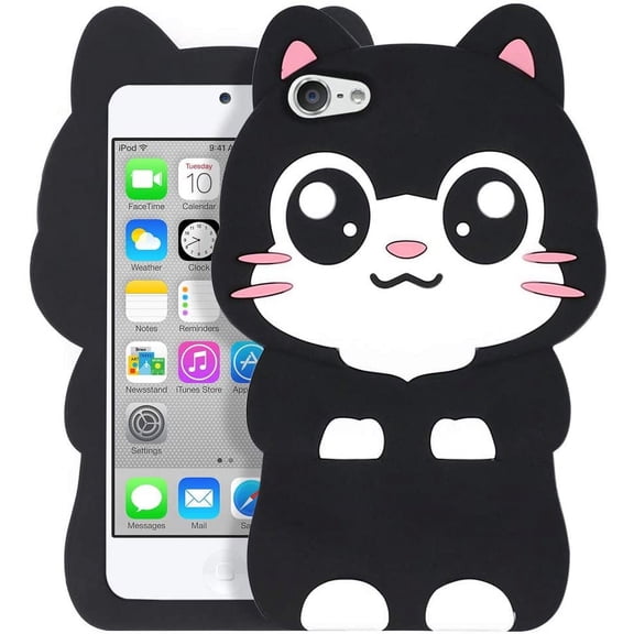 YONOCOSTA Cute iPod Touch 7 Case, iPod Touch 6 Case, iPod Touch 5 Case, Funny Kawaii 3D Cartoon Big Eye Black Cat Kitty Animals Soft Silicone Shockproof Cases Cover for Kids Child Girls Women Pocket Cat