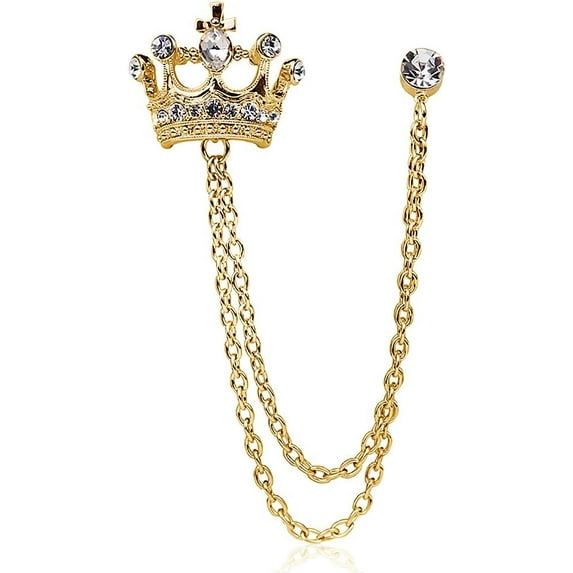YOOE British Style Rhinestone Crown Chain Brooch. Retro Crystal Corsage Pin, Tassel Chain Suit Jacket Brooch Pin for Men Husband Gifts (Gold)
