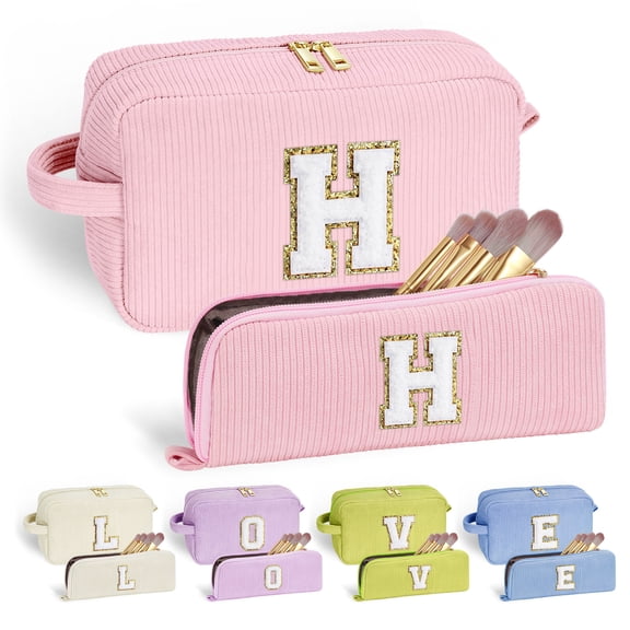 YOOLIFE 2 Small Makeup Bag Personalized Gifts - Monogram Makeup Pouch Pink Makeup Brush Bag Corduroy Makeup Bag Cosmetic Bag Make Up Bag Cute Makeup Bag Gifts for Teen Girls Women Her Pink Letter H