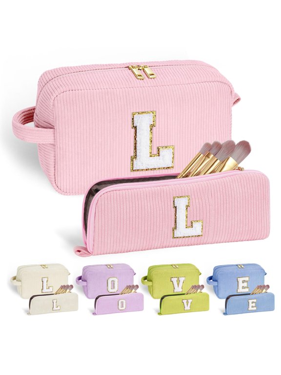Initial Travel Makeup Bags Set for Women Girl, Small Toiletry Cosmetic Bag, Makeup Organizer, Birthday Gifts for Women, Travel Pouch, Pink, L