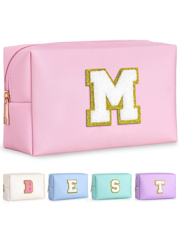 Travel Makeup Bags for Women, Initial Cosmetic Gift Bag for Girls Sister Daughter, Personalized Birthday Gifts for Women Mom, Pink, Letter M