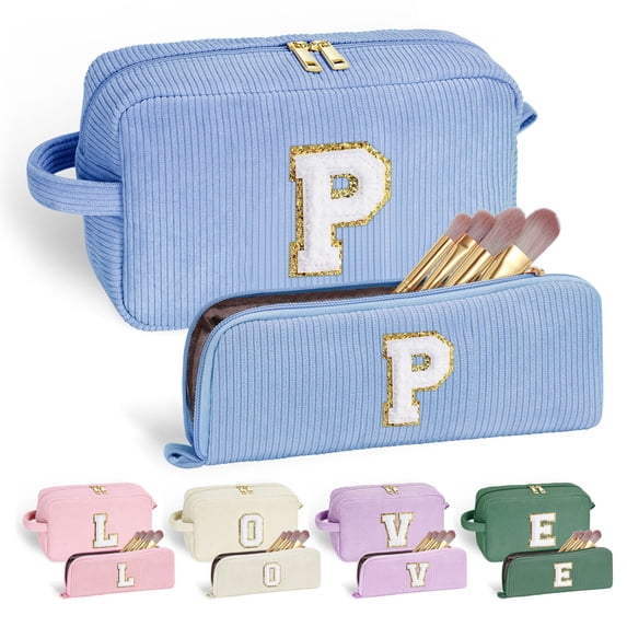YOOLIFE Blue Cosmetic Travel Makeup Bag - Monogram Cute Initial Makeup Bags Cosmetic Toiletry Pouch Make Up Case for Women Her Best Friend Teacher Bridesmaid, Personalized Birthday Gifts for Women P