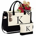 thumbnail image 1 of YOOLIFE Canvas Tote Bag For Women Initial Travel Tote Bag Makeup Bag With Zipper Adjustable Strap Personalized Birthday Travel Vacation Gifts for Women Girls, 1 of 7