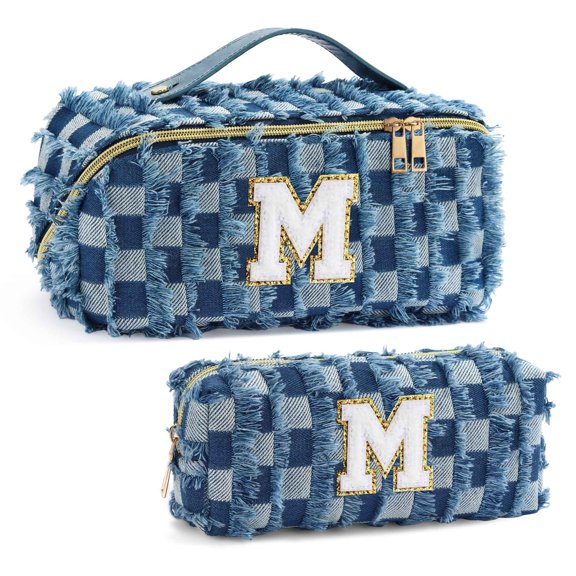 YOOLIFE Checkered Makeup Bag Initial Cosmetic Bags for Women, Small Travel Toiletry Bag Travel Makeup Bag Skincare Bag, Denim Blue Jean Make up Bag for Women Her Mom Wife Girlfriend Sister