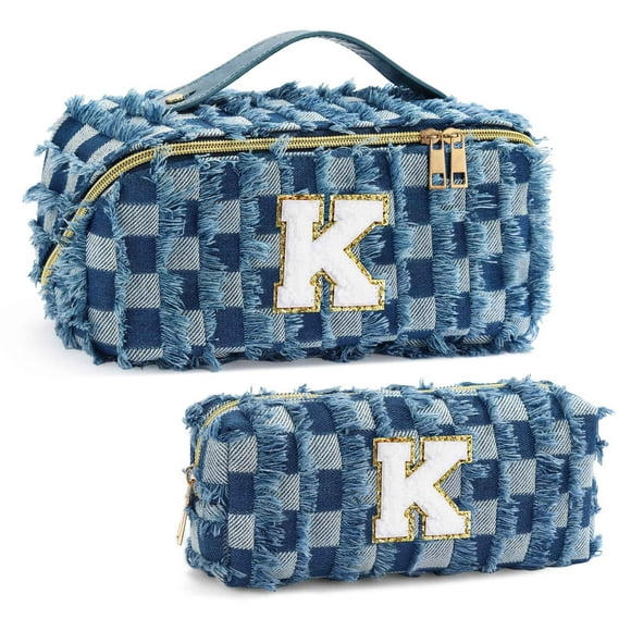 YOOLIFE Checkered Makeup Bag Initial Cosmetic Bags for Women, Small Travel Toiletry Bag Travel Makeup Bag Skincare Bag, Denim Blue Jean Make up Bag for Women Her Mom Wife Girlfriend Sister