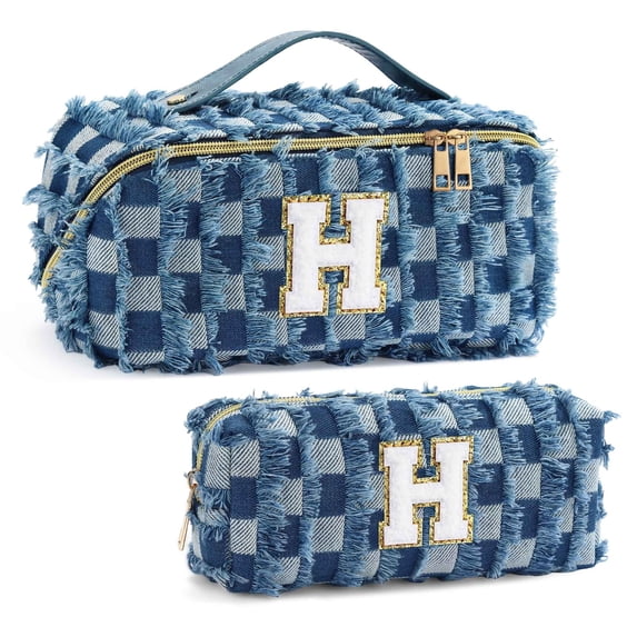 YOOLIFE Checkered Makeup Bag Initial Cosmetic Bags for Women, Small Travel Toiletry Bag Travel Makeup Bag Skincare Bag, Denim Blue Jean Make up Bag for Women Her Mom Wife Girlfriend Sister