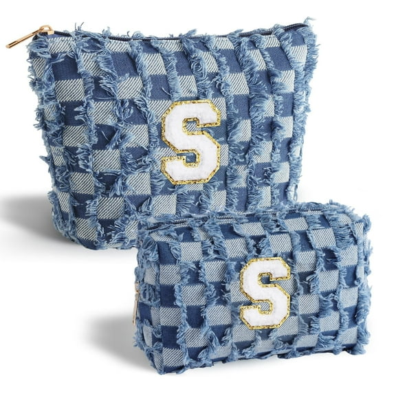 YOOLIFE Checkered Makeup Bag Initial Cosmetic Bags for Women, Small Travel Toiletry Bag Travel Makeup Bag Skincare Bag, Denim Blue Make up Bag for Women Her Mom Wife Girlfriend Sister