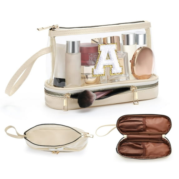 YOOLIFE Clear Travel Toiletry Bag Makeup Cosmetic Bag Monogram Initial Cute Makeup Pouch Makeup Case, Personalized Makeup Bags for Women Girls