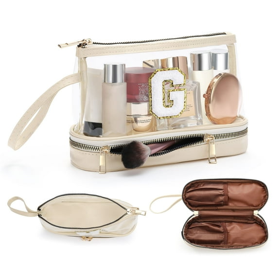 YOOLIFE Clear Travel Toiletry Bag Makeup Cosmetic Bag Monogram Initial Cute Makeup Pouch Makeup Case, Personalized Makeup Bags for Women Girls