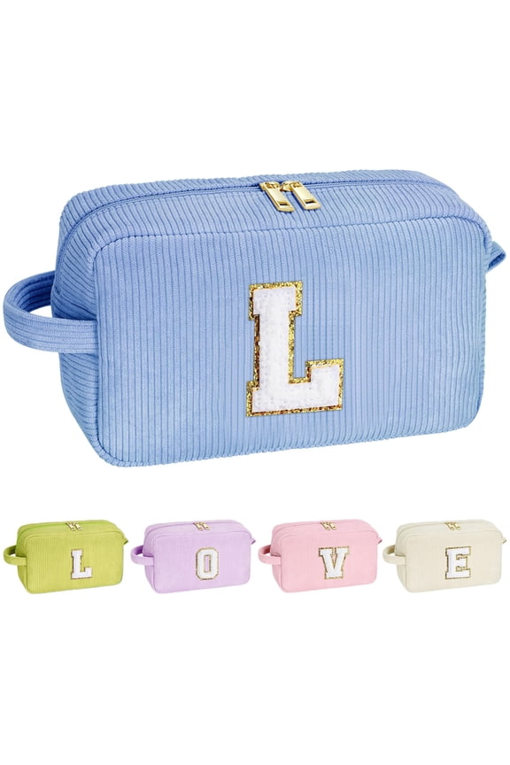 Cosmetic Bags for Women - Birthday Gifts for Girls Women Preppy Stuff Travel Makeup Bag Teacher Appreciation Gifts Makeup Bags Corduroy Blue Makeup Bag Girlfriend Granddaughter Gifts Letter l