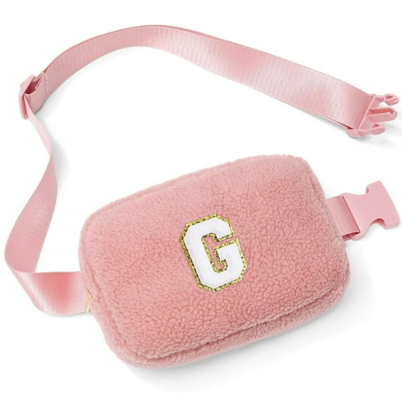 YOOLIFE Crossbody Bags for Women, Initial Belt Bag Fanny Pack Crossbody Bag for Women Pink Small Sling Bag Fleece Cross Body Bag for Women
