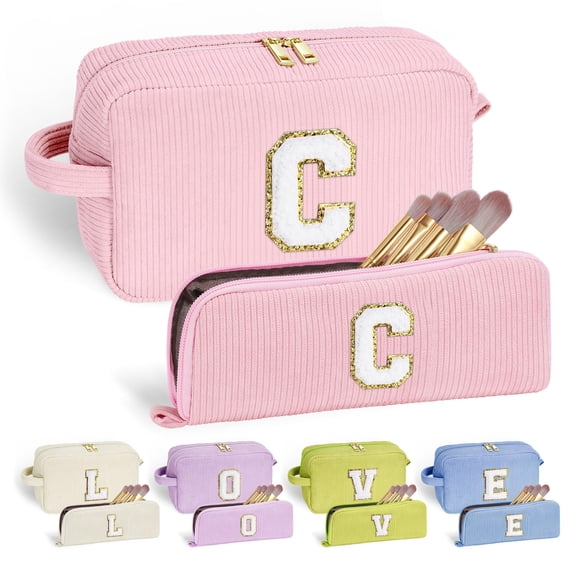 YOOLIFE Cute Initial Travel Makeup Bag - Teen Girl Gifts Trendy Stuff Sister Daughter Friend Girls Birthday Gifts for Teens Bridesmaid Gifts for Girl Women Monogram Makeup Bag Make Up Bag Pink C