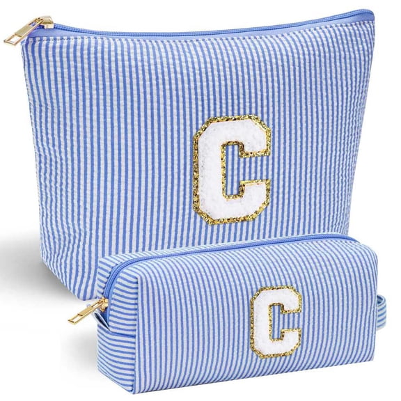 YOOLIFE Cute Makeup Bag for Girls Women - Personalized Initial Blue Makeup Pouch for Girlfriend Bridesmaid Wife | Cosmetic Travel Toiletry Bag for Her Mom | Birthday Preppy Stuff C